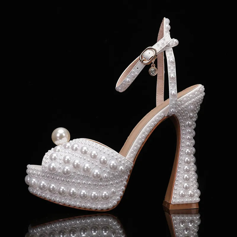 Summer Beaded Thick Heeled Women Gladiator Sandals Luxury Pearls Platform Wedges 14cm High heels Fashion Wedding Banquet Shoes.