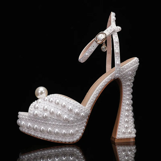 Summer Beaded Thick Heeled Women Gladiator Sandals Luxury Pearls Platform Wedges 14cm High heels Fashion Wedding Banquet Shoes.