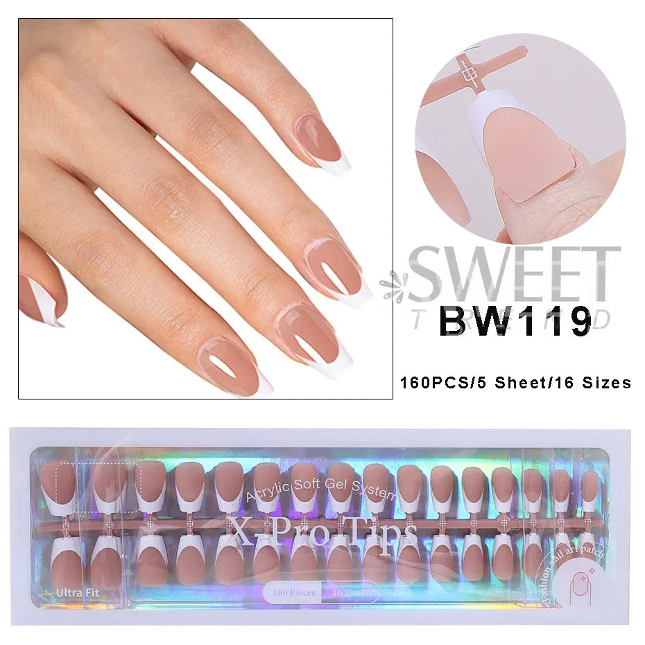 160pcs White Pink French Fake Press on Fake Nails Tips Short Square Full Cover Artificial Acrylic Fake Toenails For Nail Salons.