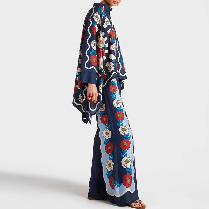 Retro Printed Loose Indie Folk Outfit Women Spring Stand Collar Button Irregular Top+Pant Set Fall Batwing Long Sleeve 2pcs Suit