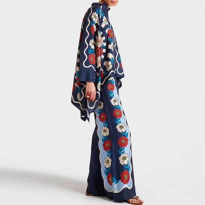 Retro Printed Loose Indie Folk Outfit Women Spring Stand Collar Button Irregular Top+Pant Set Fall Batwing Long Sleeve 2pcs Suit