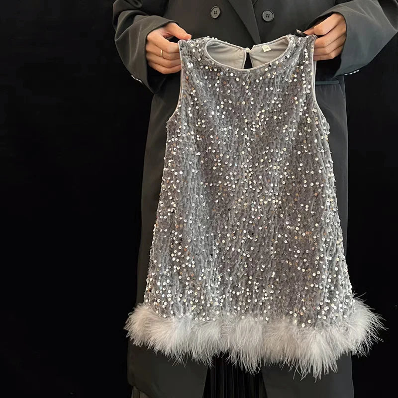 Pailletten Mädchen Prinzessin Kleid Grau Rundhals Ärmellose Feder Weste Kleid Kinder Geburtstag Party Kleid Performance Kleid.