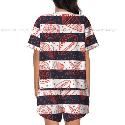 Damen-Pyjama-Set, kurzärmelig, nautisch, niedlich, gestreift, Marine-Muscheln und Fossilien, Nachtwäsche, Loungewear für Sommer-Nachtwäsche.