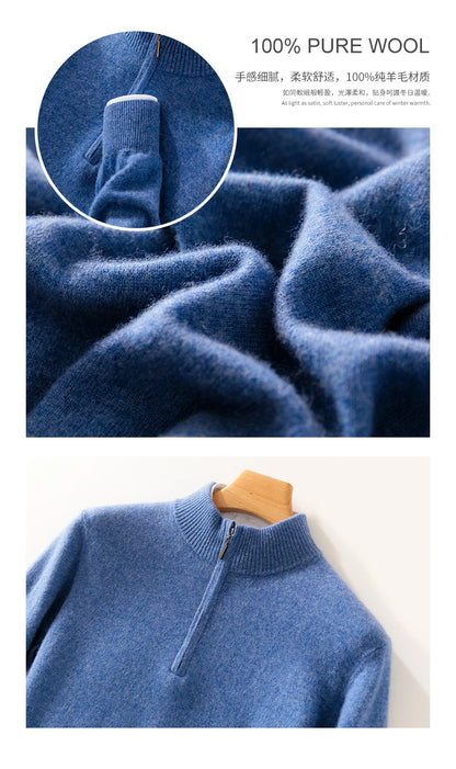 Autumn Winter Men's 100% Merino Wool Sweater Mock Collar Half Zip Knitted Pullover Cashmere Sweatshirt Casual Long Sleeved Tops.