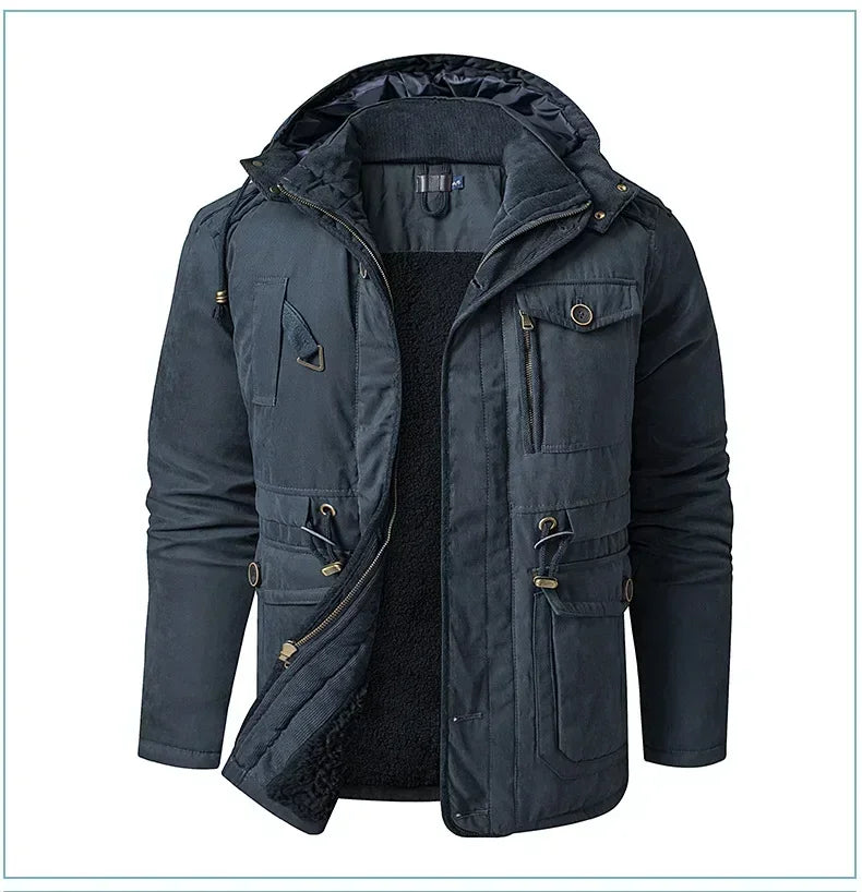 Men's Jacket WINTER USA SIZE Large SIZE Lamb Fleece JACKETS Hooded Cotton Thickened Multi Pocket Casual Mid length Coat