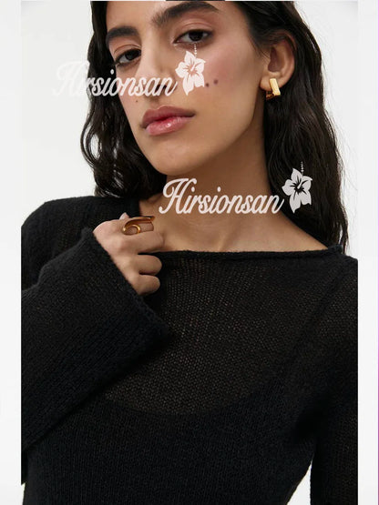 Hirsionsan Frühling Herbst Oansatz Elastische Stricken Lange Kleider Frauen 2024 Elegante Chic Weiche Dame Aushöhlung Pullover Kleider Femme Neue.