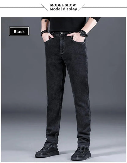 Loose Casual Jeans for Men Mid-aged Thick Winter Long Pants Business Style Straight Leg Spring Autumn Korean Version