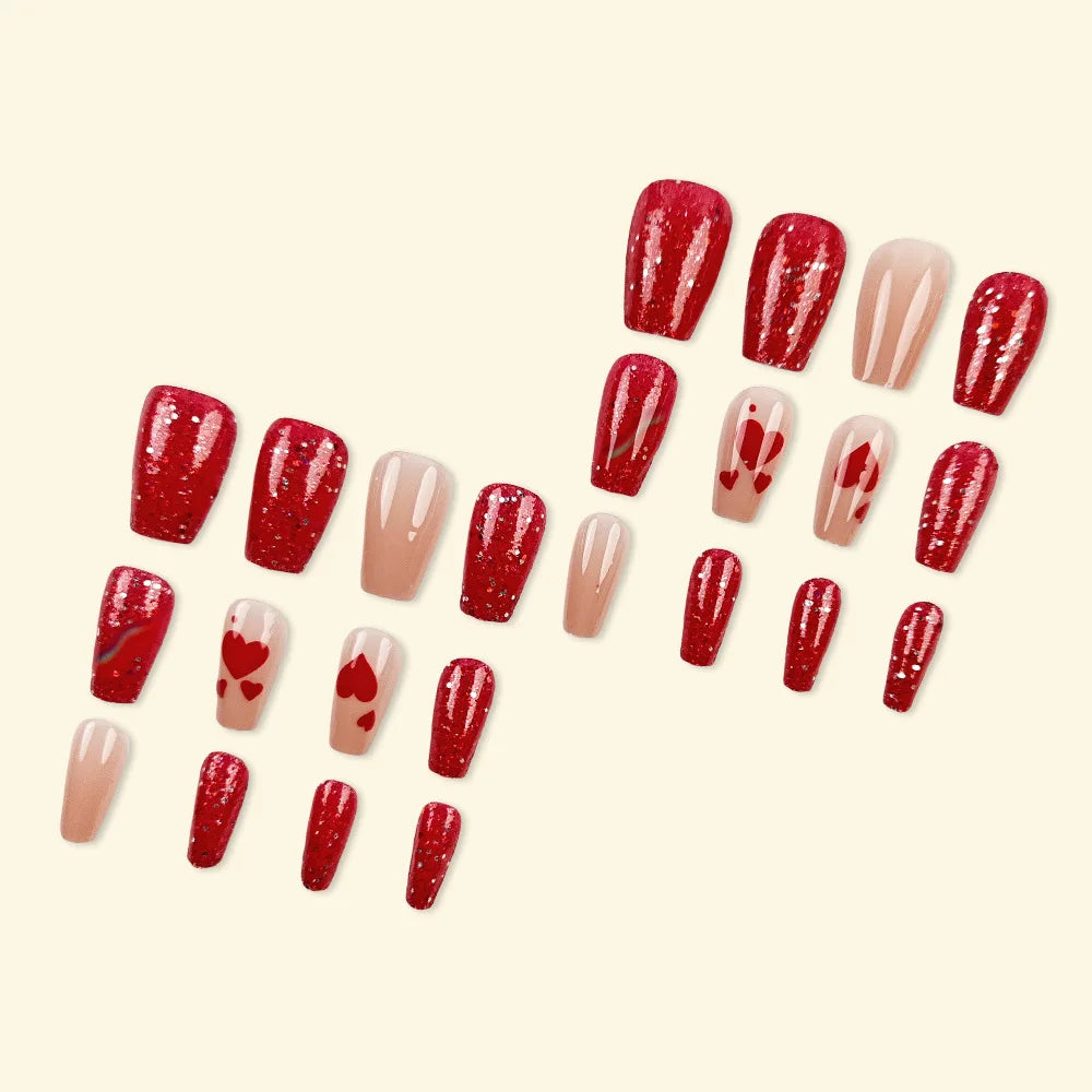 24pcs/set Medium long square fake nails for women girls cute heart flowers feather butterfly design press on false nail art tips.