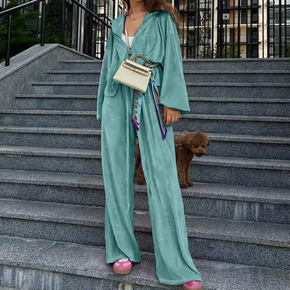 Women Autumn Hooded Coat Two Pieces Sets, Solid Patchwork Wide Leg Pants Chic Outfit, New Long Sleeve Casual Simple Ladies Suits