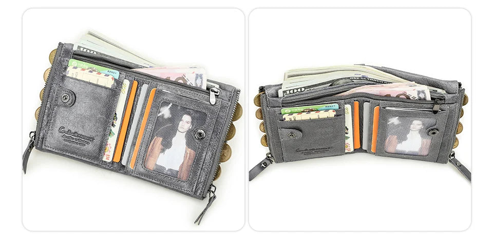 Fashion Genuine Leather Women Wallet Bi-fold Wallets Red ID Card Holder Coin Purse With Double Zipper Small Women's Purse 2022