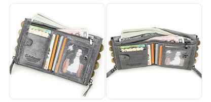 Fashion Genuine Leather Women Wallet Bi-fold Wallets Red ID Card Holder Coin Purse With Double Zipper Small Women's Purse 2022