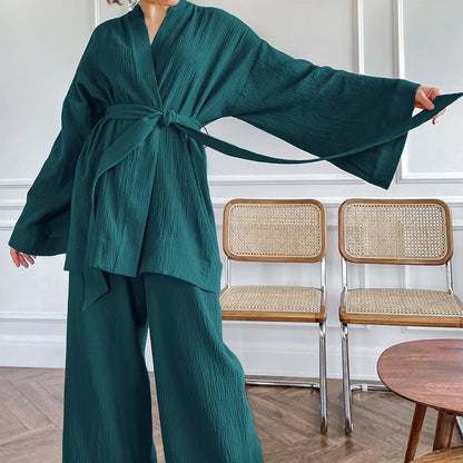 NHKDSASA Kimono Pajamas 2023 New 100% Cotton Crepe Long-Sleeved Trousers Ladies Sleepwear Suit Women's Home Service Mujer
