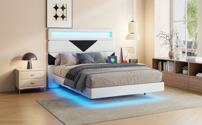 Anajqaqia Doppelbettgestell, 160 x 200 cm, verstellbares Kopfteil in Beige und Schwarz mit Lichtleiste und USB-Doppelladeanschluss