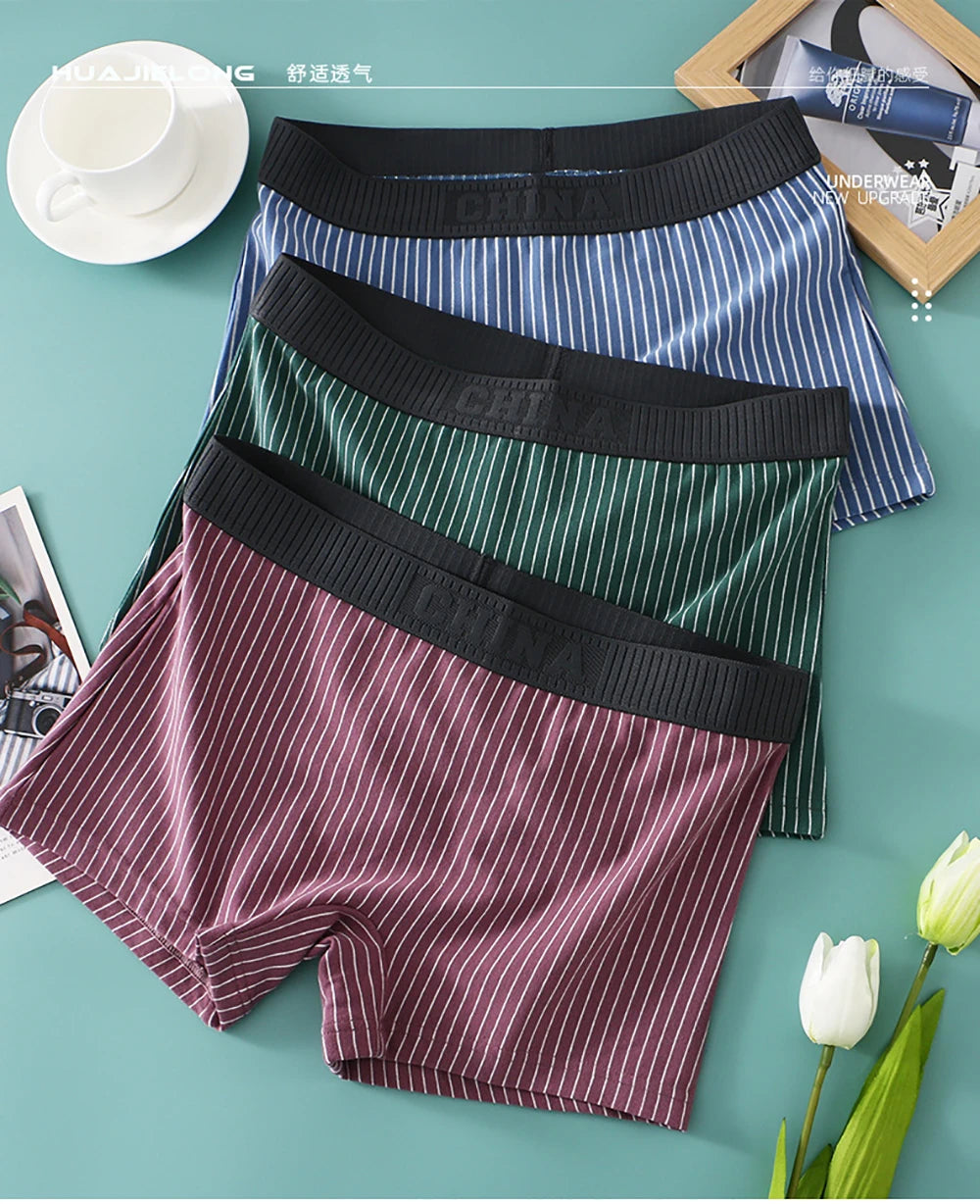 3PCS/Pack 100% Cotton Soft Panties Woman Trendy Striped Female Underwear Summer Breathable High Elastic Mid-rise Waist Boyshort.