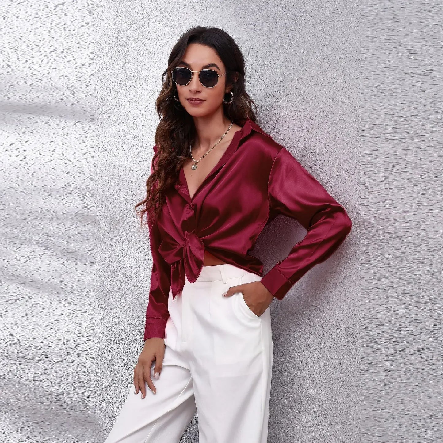Autumn Women Solid Satin Shirt Long Sleeve Imitation Silk Loose Button Up Blouse Shirt Ladies Tops Fashion Clothing.