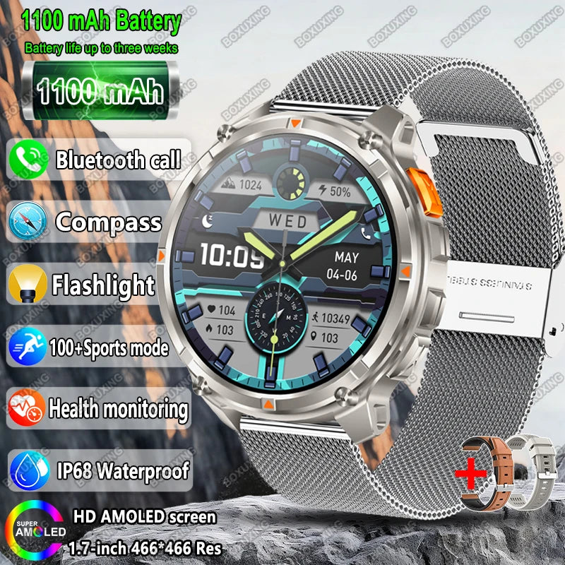 2025 New Military T-Rex 3 Smart Watch Men 1100mAh Battery AMOLED  IP68 Waterproof Outdoor Compass Bluetooth CallSport Smartwatch