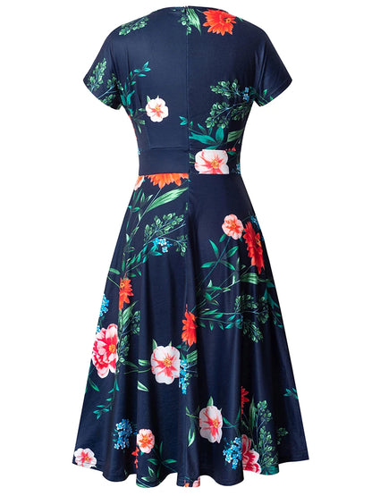 Nice-forever Vintage Elegante Blumen Druck Plissee Rundhals vestidos A-Line Pinup Business Party Frauen Flare Swing Kleid A102