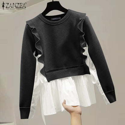 ZANZEA Plus Size Sweatshirts Elegante Pullover Herbst Langarm Damen Gut sitzende O-Ausschnitt Hoodies 2-teilige Strickpullover 5XL.