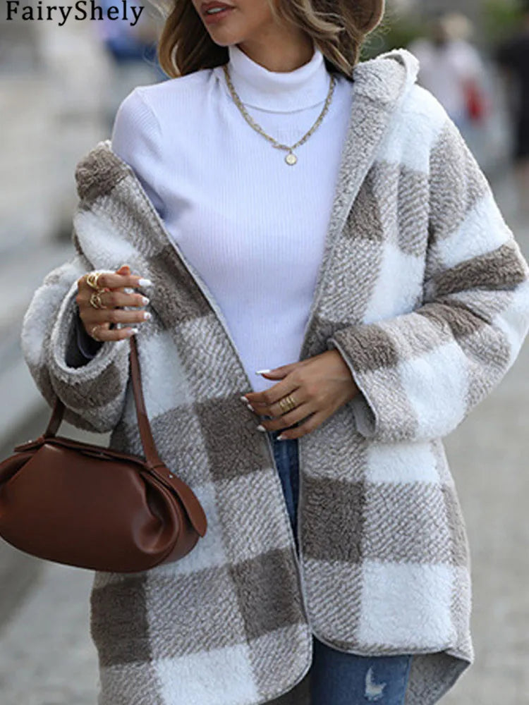 2025 herbst Winter Frauen Plüsch Mit Kapuze Jacke Weibliche Elegante Dicke Lose Plaid Print Mantel Damen Casual Zwei-seitige warme Lange Mantel.