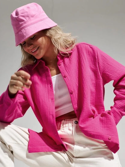 Muslin 100% Cotton Gauze Crepe For Women Shirts Blouse Turn Down Long Sleeve Single-Breasted Office Lady Loose Top Blusas Mujer