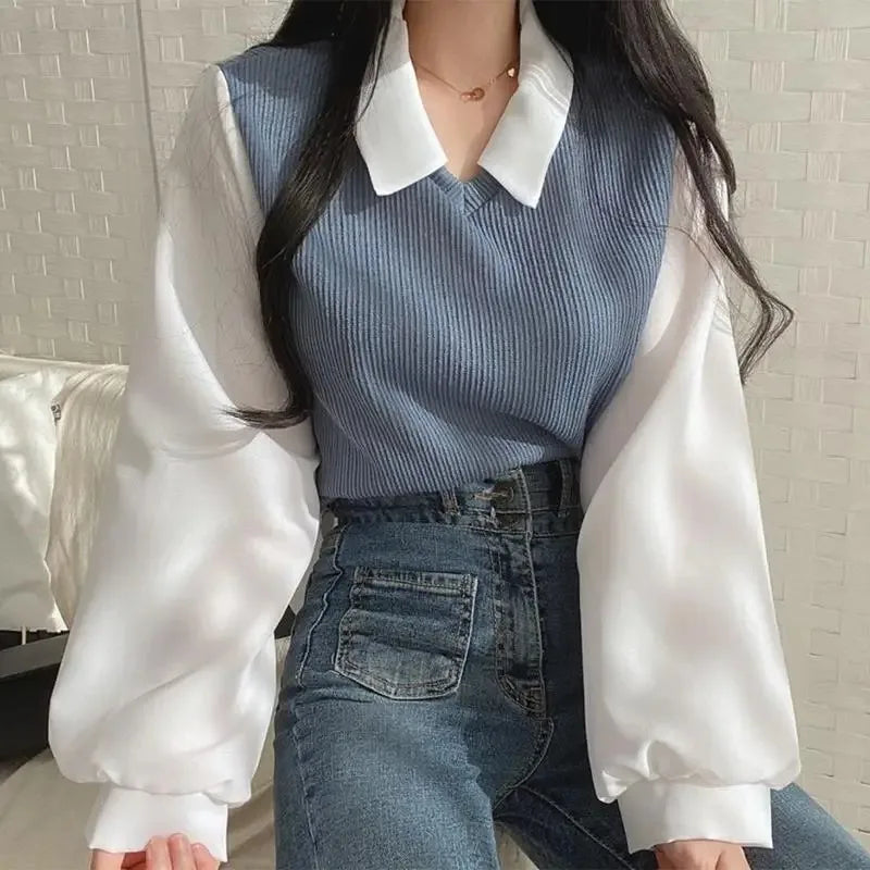 Summer Blouse Women Korean Style False Two-piece Polo Collar Blouses Y2k Tops Streetwear Loose Youth Pullovers Elegant Shirt.