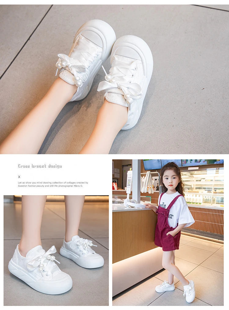 Children’s Casual Sneakers for Girls 2025 Autumn New Toddler Canvas Shoes with Shiny Bow Non-slip Breathable Kid Cotton Sneakers.
