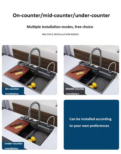 Whale sink kitchen single bowl nano black honeycomb LED digital display flying rain stainless steel large single bowl sink