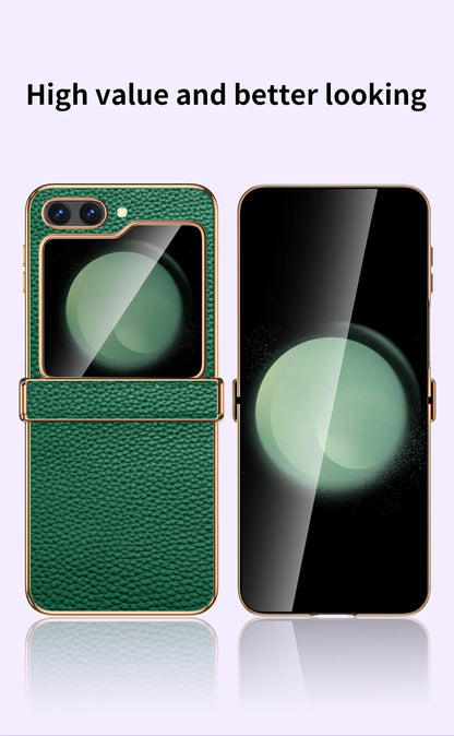 Cowhide Leather Phone Case for Samsung Galaxy Z Flip7 Flip6 Flip5 Flip 7 6 5 Luxury Hinge Protection Cover with Tempered Glass.