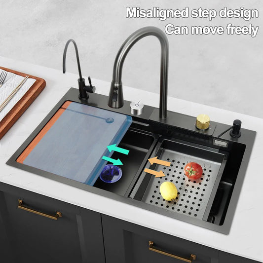 under the household sink    Black Stainless Steel Nano Undermount/Drop in Waterfall Single Bowl Kitchen Sink With Pull-Out Fauce