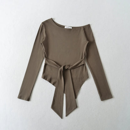 Sexy Long Sleeve T-Shirt Women's Waist Cinched Shoulder Bared Strap Design Autumn 2025 Irregular Halter Neck Top for Trendy Girl.