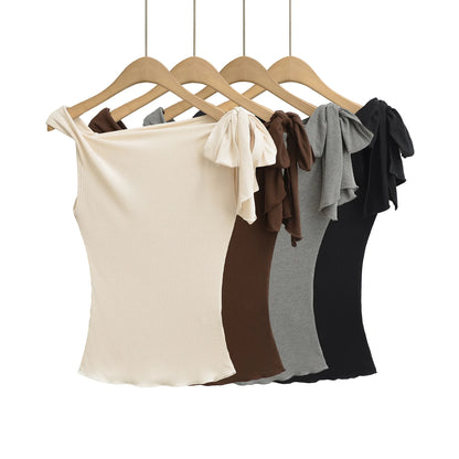 Shoulder Bared Short Sleeve T Shirt Women's Spicy Girl Design Slimming Top Summer New Style One Word Oblique Shoulder Tie Waist.