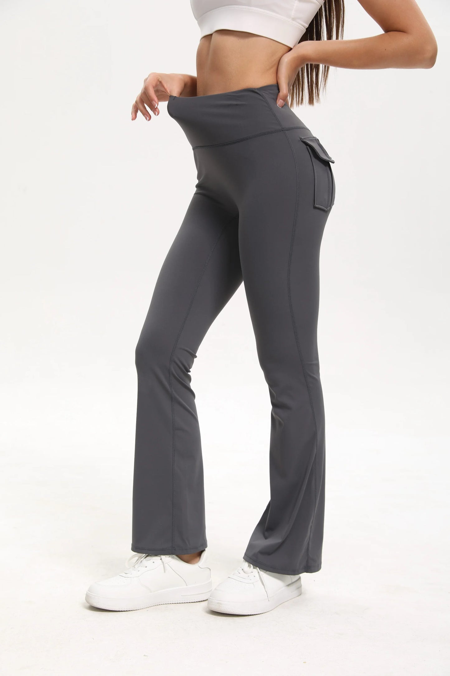 Damen-Leggings mit ausgestellten Taschen, weiche Yoga-Hose im Cargo-Stil, hohe Taille, schmale Hose, Fitness- und Bodybuilding-Sportbekleidung.