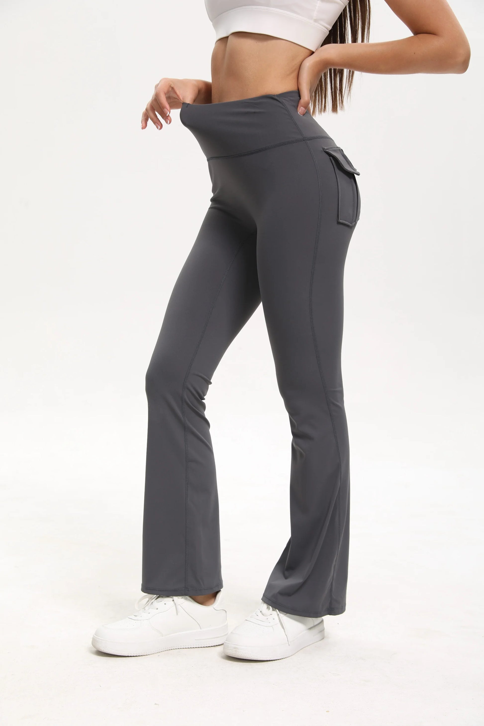 Damen-Leggings mit ausgestellten Taschen, weiche Yoga-Hose im Cargo-Stil, hohe Taille, schmale Hose, Fitness- und Bodybuilding-Sportbekleidung.
