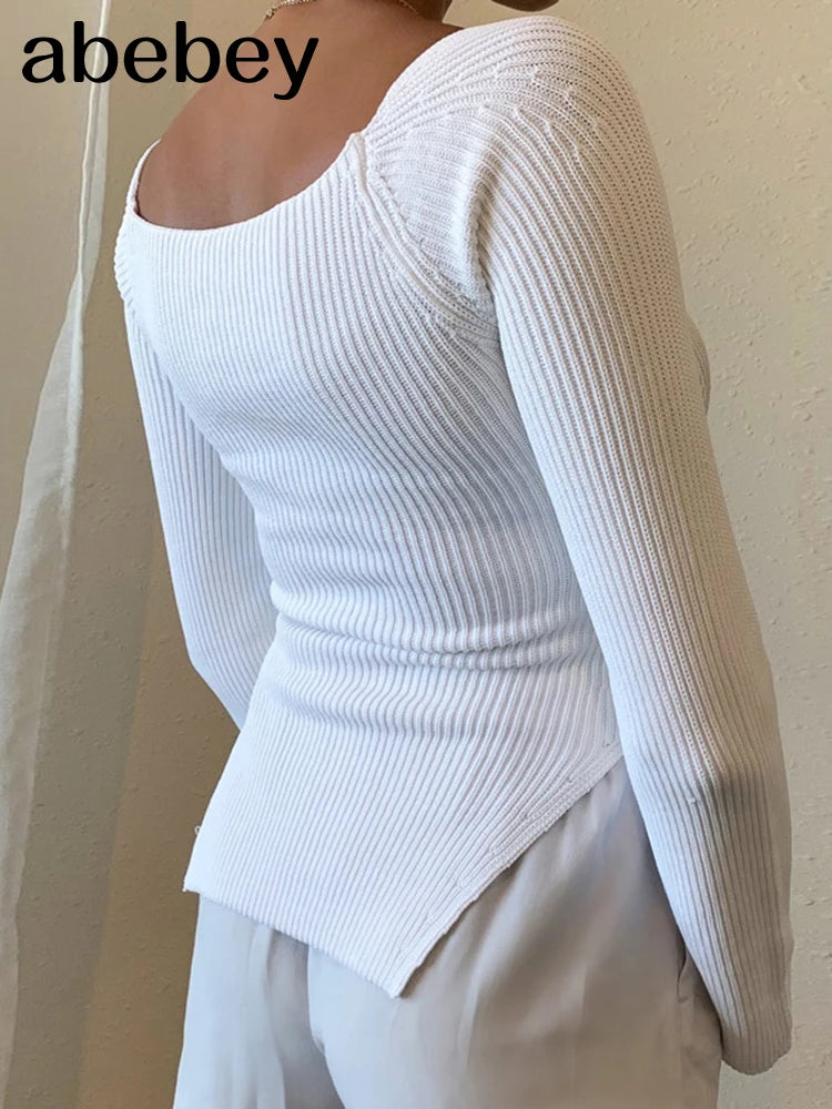 Quadrat Kragen Langarm Frau Pullover Gestrickte Pullover Frauen Frühling Herbst Pullover Winter Tops Für Frauen Schwarz Weiß Jumper.