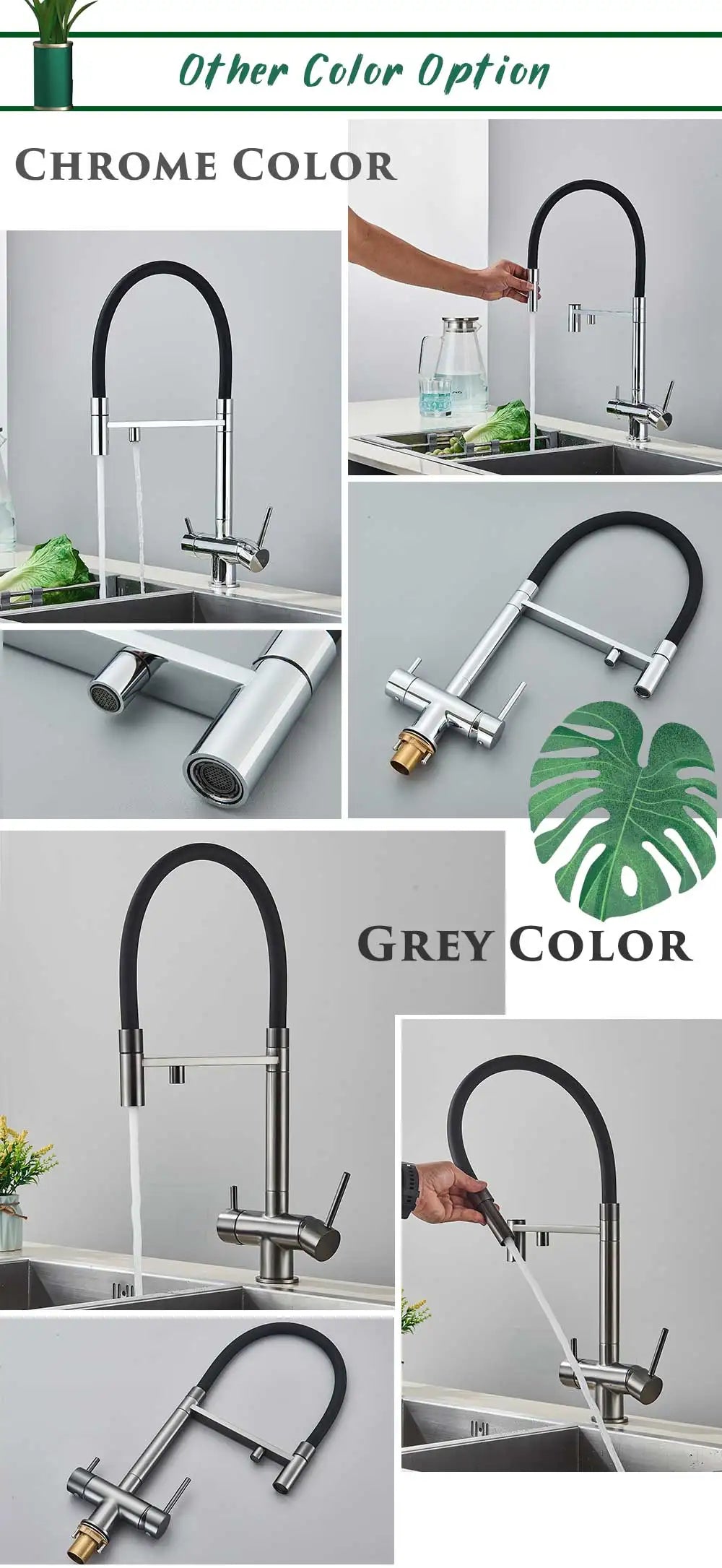 Rozin Filter Water Kitchen Faucet Black Pull Down Flexible Sprayer Faucets 2 in 1 Purification Pure Water Mixer Tap 360 Swivel