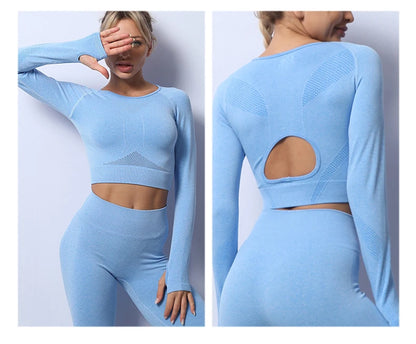 Women Yoga 2 Pieces Workout Outfits Seamless High Waist Leggings Sports Crop Top Running Clothes Sets