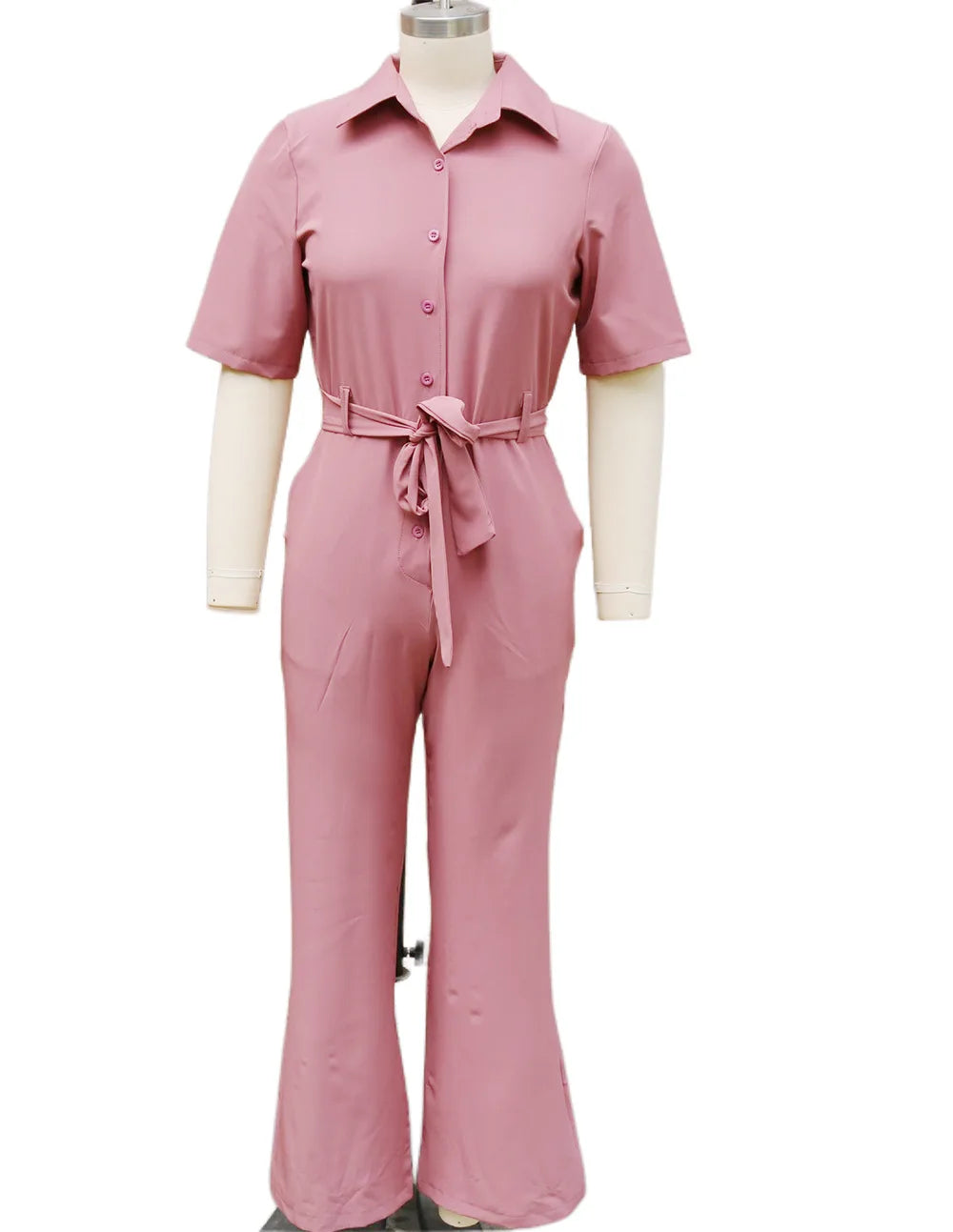 New Spring Summer Women Jumpsuits, Elegant Office Lady Jumpsuit Solid Color Belt Short Sleeve Casual Overalls Wide Leg Pants.