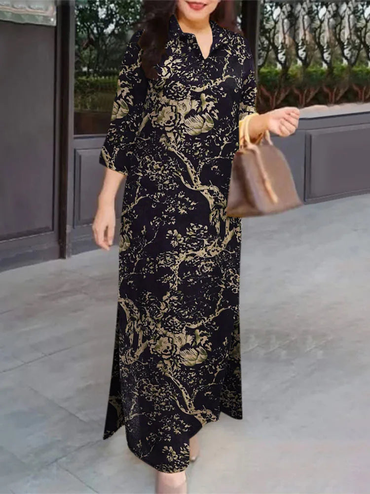 ZANZEA Women 3/4 Sleeve Long Dresses Fall 2024 Fashion Lapel Neck Cotton Shirtdress Vintage Floral Print Maxi Shirt Dress New In.