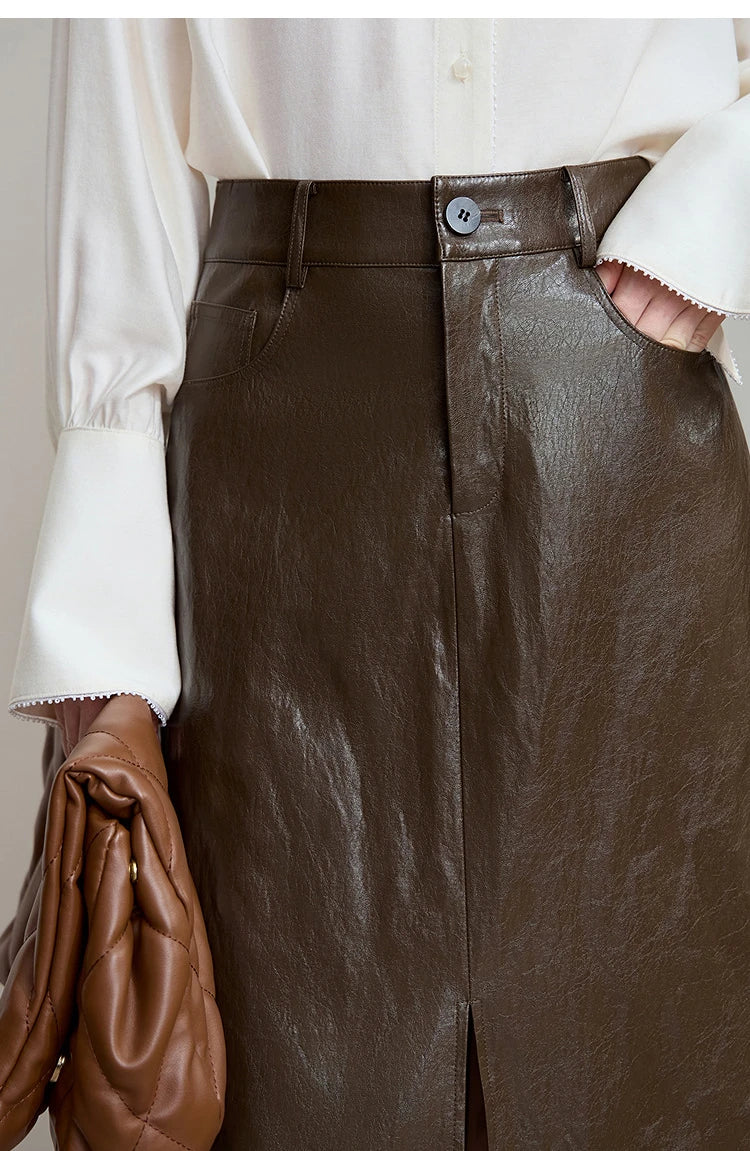 AMII Minimalist PU Leather Skirt For Women 2025 American Retro Knee-Length Skirt Solid Basics Business Women's Clothing 12553014