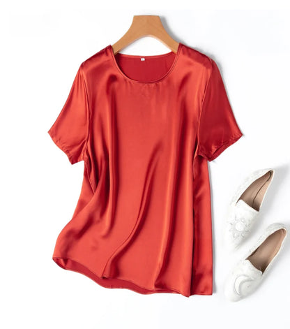 Women 100% Mulberry Silk 19 Momme half sleeve Crew Neck Top Shirt Blouse T-shirt More Colors M L XL MM4270