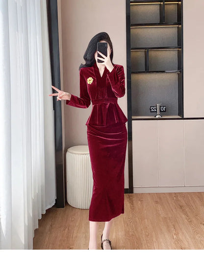 VigoAnne 2025 Solid V Neck Velvet 2 Piece Set Woman Long Sleeve High Waist Skirt Suits Lady Spring Autumn Korean Long Dress Suit.