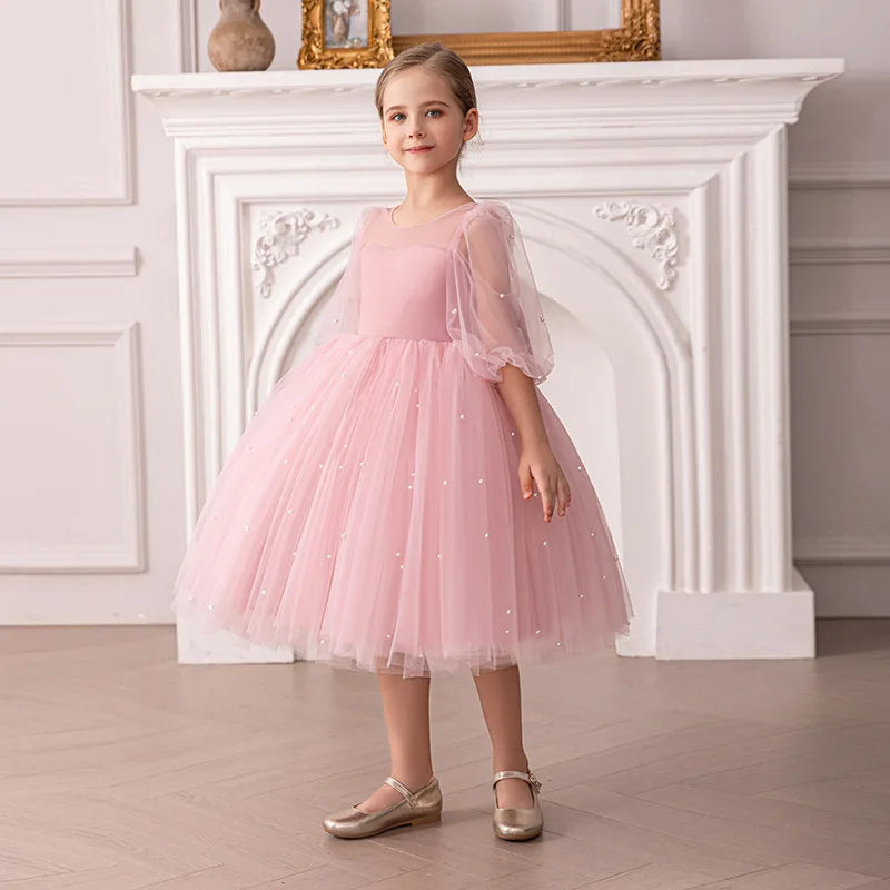 Kinder Kleider V-Rücken Große Schleife Perlen Prinzessin Kleid Geburtstag Party Tüll Kleid Für Mädchen Leistung Hochzeit Prom Flauschigen kleid.