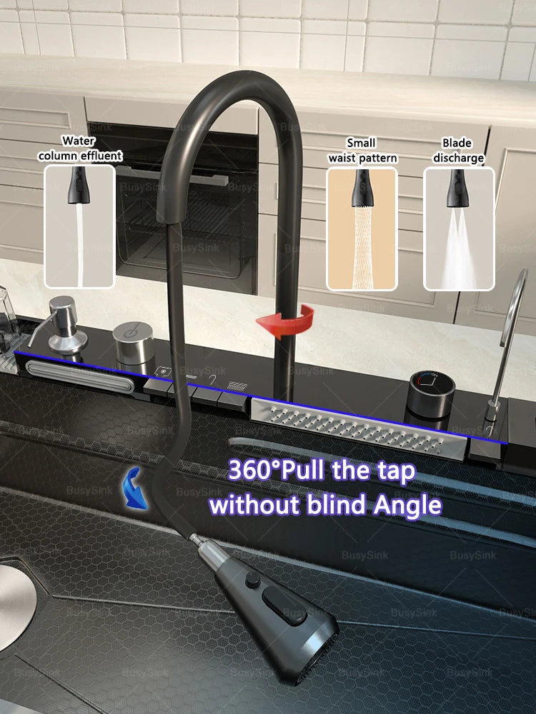 Stainless Steel Waterfall Kitchen Sink Extra Large Single Slot Oversized Sinks Digital Display  Dishwashing Basin