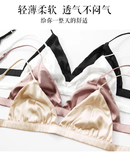 Women French Non-steel Ring Mulberry Silk Bra Thin Breathable Triangle Active Bra Girls' Bra 88% Mulberry Silk+12% Spandex.