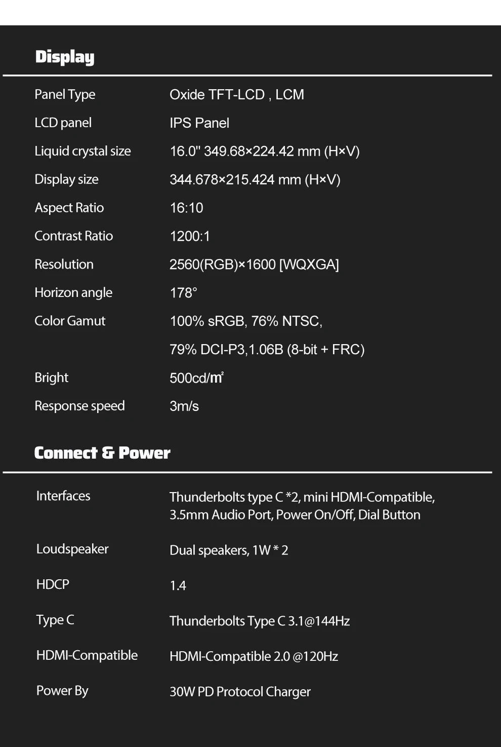 ZEUSLAP 16" 2.5K 144hz Portable Monitor 2560*1600 16:10 100%sRGB 500Cd/m²  Travel Gaming Display for Laptop Switch ps4 ps5 Xbox