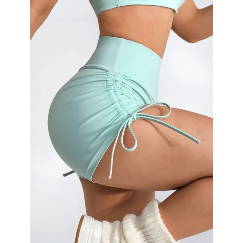 Women's High-Waisted Ruching Yoga Shorts Tight Workout Running Gym Shorts with Tie Detail Summer Fitness Stretch Activewear.