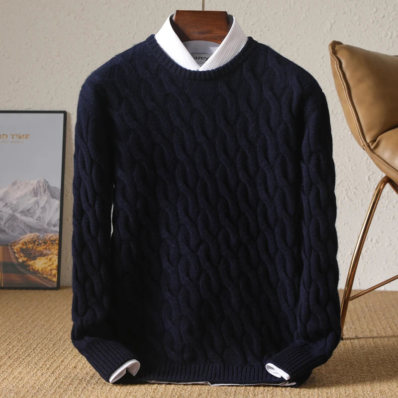 Autumn Winter Thickened Cashmere Sweater 100% Merino Wool Men's Top O-Neck Twisted Pullover Knitted Loose Long Sleeve Sweater.