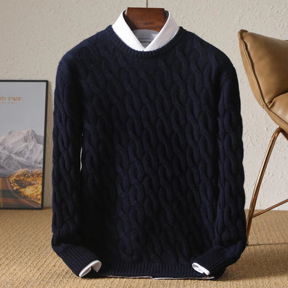 Autumn Winter Thickened Cashmere Sweater 100% Merino Wool Men's Top O-Neck Twisted Pullover Knitted Loose Long Sleeve Sweater.