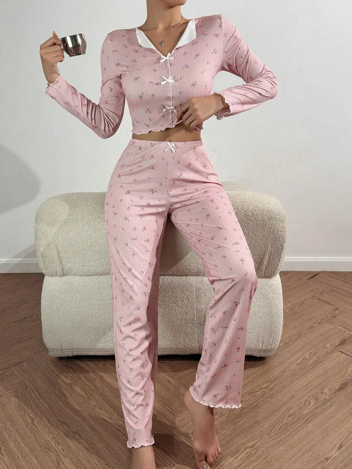 Y2K Nette Floral Gerippte Pyjama Set Frauen Langarm V-ausschnitt Zwei Stück Nachtwäsche Homewear Herbst Winter Bogen Salat Trim Neue Heiße.