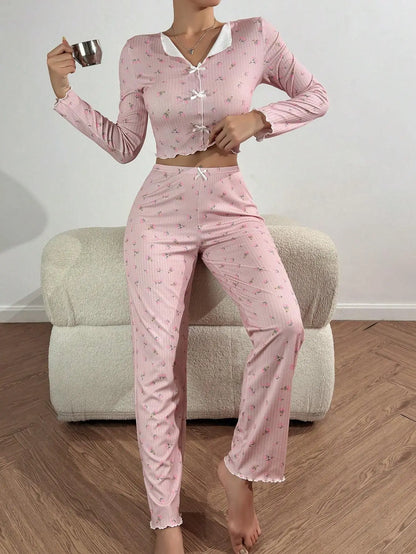 Y2K Nette Floral Gerippte Pyjama Set Frauen Langarm V-ausschnitt Zwei Stück Nachtwäsche Homewear Herbst Winter Bogen Salat Trim Neue Heiße.
